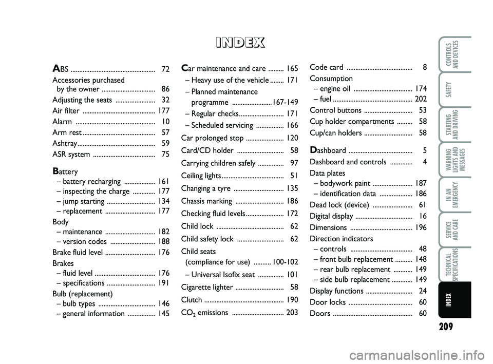 FIAT PUNTO 2013  Owner handbook (in English) 209
SAFETY
STARTING 
AND DRIVING
WARNING
LIGHTS AND MESSAGES
IN AN
EMERGENCY
SERVICE 
AND CARE
TECHNICAL
SPECIFICATIONS
INDEX
CONTROLS 
AND DEVICESCar maintenance  and care  ......... 165
– Heavy us