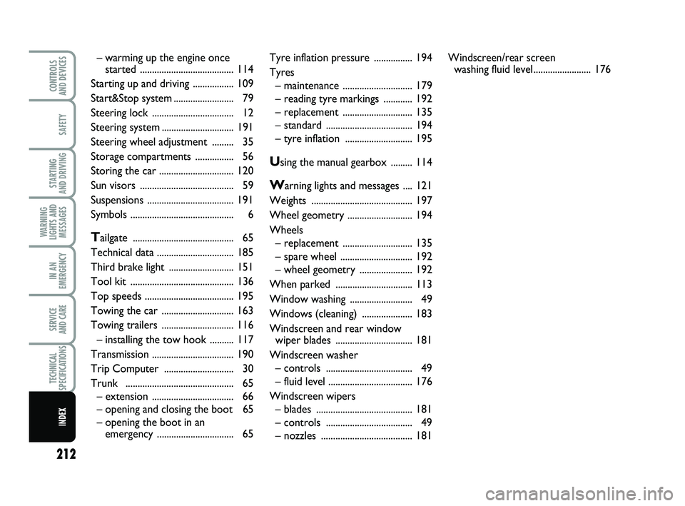 FIAT PUNTO 2013  Owner handbook (in English) 212
SAFETY
STARTING 
AND DRIVING
WARNING
LIGHTS AND MESSAGES
IN AN
EMERGENCY
SERVICE 
AND CARE
TECHNICAL
SPECIFICATIONS
INDEX
CONTROLS 
AND DEVICES
Tyre inflation  pressure ................ 194
Tyres 