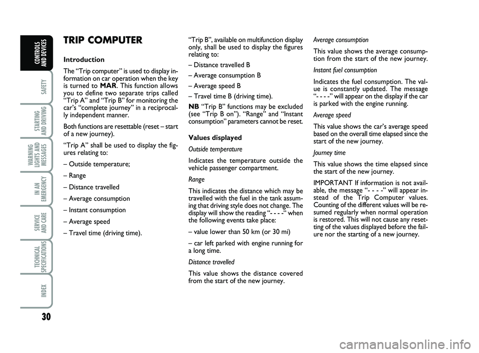 FIAT PUNTO 2013  Owner handbook (in English) 30
SAFETY
STARTING 
AND DRIVING
WARNING
LIGHTS AND MESSAGES
IN AN
EMERGENCY
SERVICE 
AND CARE
TECHNICAL
SPECIFICATIONS
INDEX
CONTROLS 
AND DEVICES
TRIP COMPUTER
Introduction
The “Trip computer” is