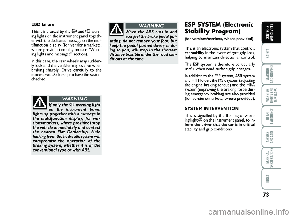 FIAT PUNTO 2013  Owner handbook (in English) 73
SAFETY
STARTING 
AND DRIVING
WARNING
LIGHTS AND MESSAGES
IN AN
EMERGENCY
SERVICE 
AND CARE
TECHNICAL
SPECIFICATIONS
INDEX
CONTROLS 
AND DEVICES
ESP SYSTEM (Electronic
Stability Program) 
(for versi