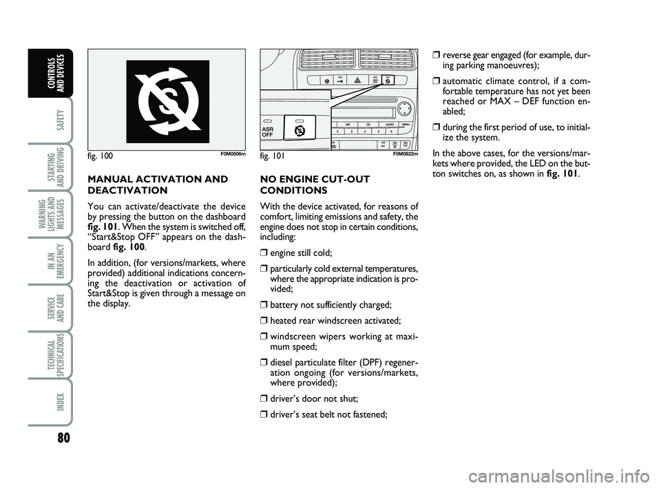 FIAT PUNTO 2013  Owner handbook (in English) 80
SAFETY
STARTING 
AND DRIVING
WARNING
LIGHTS AND MESSAGES
IN AN
EMERGENCY
SERVICE 
AND CARE
TECHNICAL
SPECIFICATIONS
INDEX
CONTROLS 
AND DEVICES
fig. 100F0M0506mfig. 101F0M0622m
MANUAL ACTIVATION AN