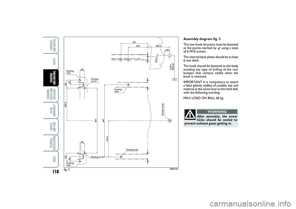FIAT PUNTO 2014  Owner handbook (in English) 118SAFETY
WARNING
LIGHTS AND
MESSAGESIN AN
EMERGENCYSERVICE 
AND CARETECHNICAL
SPECIFICATIONSINDEXCONTROLS 
AND DEVICESSTARTING 
AND DRIVING
Assembly diagram fig. 3
The tow hook structure must be fast