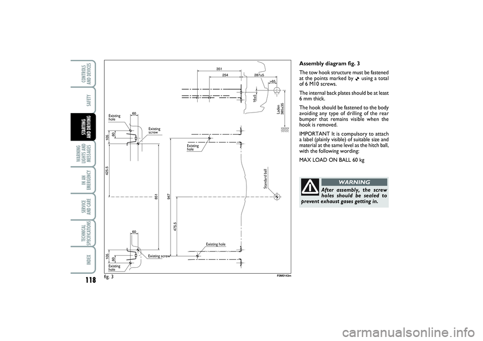 FIAT PUNTO 2014 Owner handbook (in English) 118SAFETY
WARNING
LIGHTS AND
MESSAGESIN AN
EMERGENCYSERVICE
AND CARETECHNICAL
SPECIFICATIONSINDEXCONTROLS
AND DEVICESSTARTING
AND DRIVING
Assembly diagram fig. 3
The tow hook structure must be fast FIAT PUNTO 2014 Owner handbook (in English) 118SAFETY
WARNING
LIGHTS AND
MESSAGESIN AN
EMERGENCYSERVICE
AND CARETECHNICAL
SPECIFICATIONSINDEXCONTROLS
AND DEVICESSTARTING
AND DRIVING
Assembly diagram fig. 3
The tow hook structure must be fast