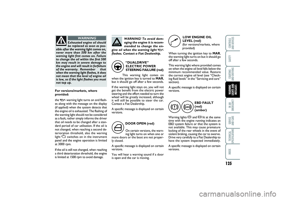 FIAT PUNTO 2014  Owner handbook (in English) 125
SAFETYSTARTING 
AND DRIVINGIN AN
EMERGENCYSERVICE 
AND CARETECHNICAL
SPECIFICATIONSINDEXCONTROLS 
AND DEVICESWARNING
LIGHTS AND
MESSAGES
DOOR OPEN (red)
On certain versions, the warn-
ing light tu