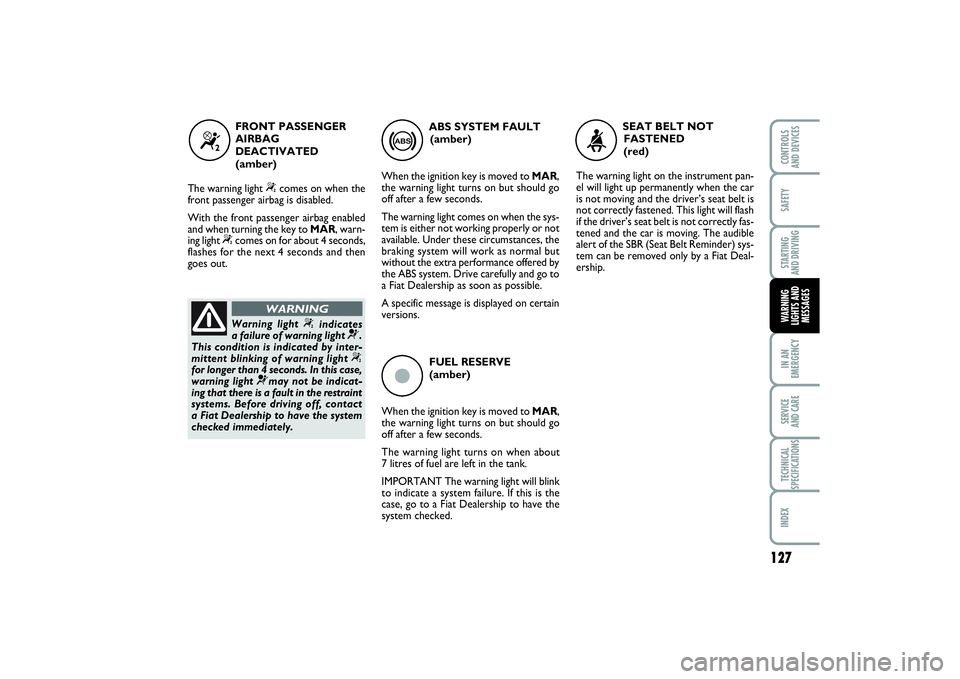 FIAT PUNTO 2014 Owner handbook (in English) 127
SAFETYSTARTING
AND DRIVINGIN AN
EMERGENCYSERVICE
AND CARETECHNICAL
SPECIFICATIONSINDEXCONTROLS
AND DEVICESWARNING
LIGHTS AND
MESSAGES
ç
FUEL RESERVE
(amber)
When the ignition key is moved to FIAT PUNTO 2014 Owner handbook (in English) 127
SAFETYSTARTING
AND DRIVINGIN AN
EMERGENCYSERVICE
AND CARETECHNICAL
SPECIFICATIONSINDEXCONTROLS
AND DEVICESWARNING
LIGHTS AND
MESSAGES
ç
FUEL RESERVE
(amber)
When the ignition key is moved to