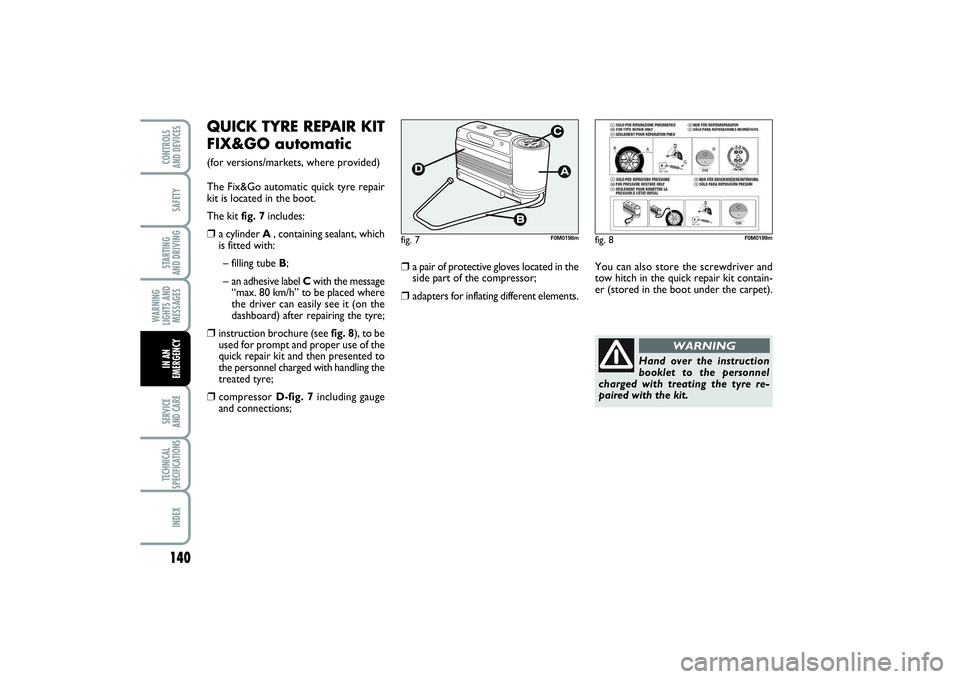FIAT PUNTO 2014 Owner handbook (in English) 140SAFETYSTARTING
AND DRIVINGWARNING
LIGHTS AND
MESSAGESSERVICE
AND CARETECHNICAL
SPECIFICATIONSINDEXCONTROLS
AND DEVICESIN AN
EMERGENCY
QUICK TYRE REPAIR KIT
FIX&GO automatic (for versions/markets FIAT PUNTO 2014 Owner handbook (in English) 140SAFETYSTARTING
AND DRIVINGWARNING
LIGHTS AND
MESSAGESSERVICE
AND CARETECHNICAL
SPECIFICATIONSINDEXCONTROLS
AND DEVICESIN AN
EMERGENCY
QUICK TYRE REPAIR KIT
FIX&GO automatic (for versions/markets