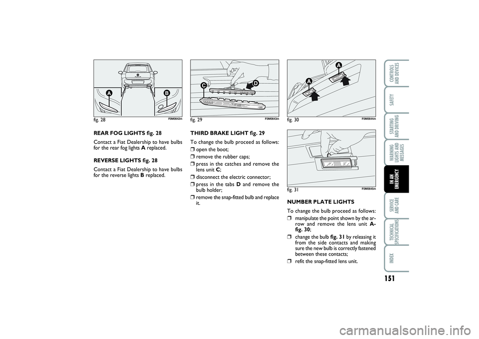 FIAT PUNTO 2014  Owner handbook (in English) 151
SAFETYSTARTING 
AND DRIVINGWARNING
LIGHTS AND
MESSAGESSERVICE 
AND CARETECHNICAL
SPECIFICATIONSINDEXCONTROLS 
AND DEVICESIN AN
EMERGENCY
REAR FOG LIGHTS fig. 28 
Contact a Fiat Dealership to have 