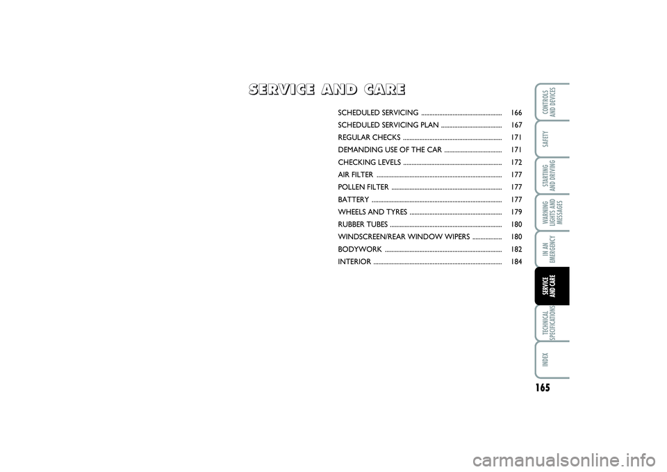 FIAT PUNTO 2014  Owner handbook (in English) 165
SAFETYSTARTING 
AND DRIVINGWARNING
LIGHTS AND
MESSAGESIN AN
EMERGENCYTECHNICAL
SPECIFICATIONSINDEXCONTROLS 
AND DEVICESSERVICE 
AND CARE
SCHEDULED SERVICING .......................................