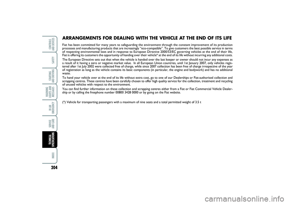 FIAT PUNTO 2014 Owner handbook (in English) 204SAFETYSTARTING
AND DRIVINGWARNING
LIGHTS AND
MESSAGESIN AN
EMERGENCYSERVICE
AND CAREINDEXCONTROLS
AND DEVICESTECHNICAL
SPECIFICATIONS
ARRANGEMENTS FOR DEALING WITH THE VEHICLE AT THE END OF ITS FIAT PUNTO 2014 Owner handbook (in English) 204SAFETYSTARTING
AND DRIVINGWARNING
LIGHTS AND
MESSAGESIN AN
EMERGENCYSERVICE
AND CAREINDEXCONTROLS
AND DEVICESTECHNICAL
SPECIFICATIONS
ARRANGEMENTS FOR DEALING WITH THE VEHICLE AT THE END OF ITS