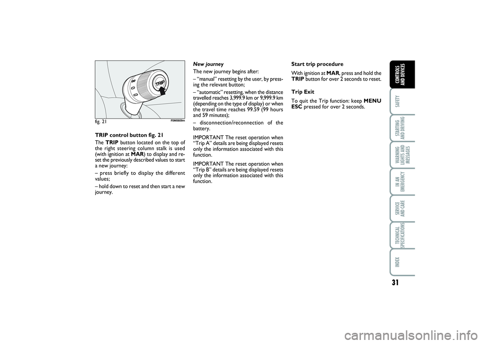 FIAT PUNTO 2014  Owner handbook (in English) 31
SAFETYSTARTING 
AND DRIVINGWARNING
LIGHTS AND
MESSAGESIN AN
EMERGENCYSERVICE 
AND CARETECHNICAL
SPECIFICATIONSINDEXCONTROLS 
AND DEVICES
fig. 21
F0M0609m
TRIP control button fig. 21
The TRIPbutton 