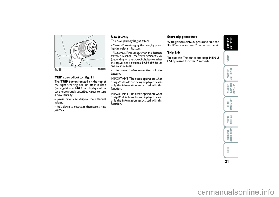 FIAT PUNTO 2014 Owner handbook (in English) 31
SAFETYSTARTING
AND DRIVINGWARNING
LIGHTS AND
MESSAGESIN AN
EMERGENCYSERVICE
AND CARETECHNICAL
SPECIFICATIONSINDEXCONTROLS
AND DEVICES
fig. 21
F0M0609m
TRIP control button fig. 21
The TRIPbutton FIAT PUNTO 2014 Owner handbook (in English) 31
SAFETYSTARTING
AND DRIVINGWARNING
LIGHTS AND
MESSAGESIN AN
EMERGENCYSERVICE
AND CARETECHNICAL
SPECIFICATIONSINDEXCONTROLS
AND DEVICES
fig. 21
F0M0609m
TRIP control button fig. 21
The TRIPbutton