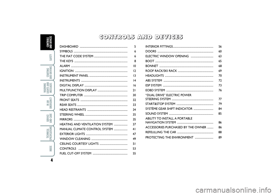 FIAT PUNTO 2014  Owner handbook (in English) 4SAFETYSTARTING 
AND DRIVINGWARNING
LIGHTS AND
MESSAGESIN AN
EMERGENCYSERVICE 
AND CARETECHNICAL
SPECIFICATIONSINDEXCONTROLS 
AND DEVICES
DASHBOARD ....................................................