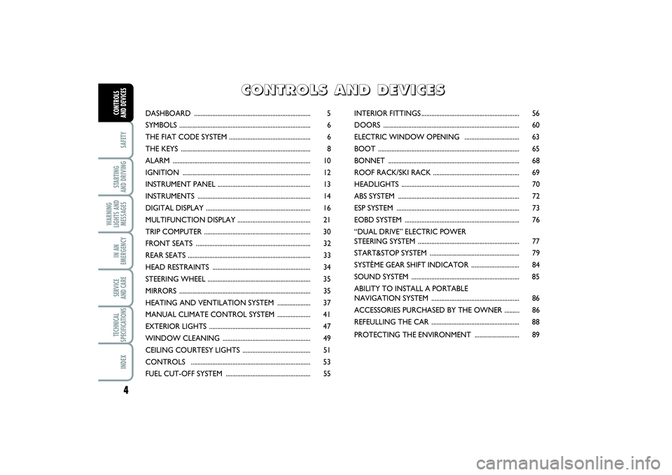 FIAT PUNTO 2014 Owner handbook (in English) 4SAFETYSTARTING
AND DRIVINGWARNING
LIGHTS AND
MESSAGESIN AN
EMERGENCYSERVICE
AND CARETECHNICAL
SPECIFICATIONSINDEXCONTROLS
AND DEVICES
DASHBOARD .................................................... FIAT PUNTO 2014 Owner handbook (in English) 4SAFETYSTARTING
AND DRIVINGWARNING
LIGHTS AND
MESSAGESIN AN
EMERGENCYSERVICE
AND CARETECHNICAL
SPECIFICATIONSINDEXCONTROLS
AND DEVICES
DASHBOARD ....................................................