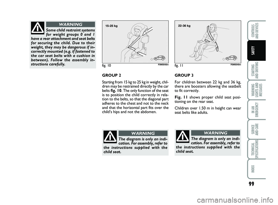 FIAT PUNTO 2017  Owner handbook (in English) 99
STARTING 
AND DRIVING
WARNING
LIGHTS AND MESSAGES
IN AN
EMERGENCY
SERVICE 
AND CARE
TECHNICAL
SPECIFICATIONS
INDEX
CONTROLS 
AND DEVICES
SAFETY
fig. 10F0M0048m
GROUP 2
Starting from 15 kg to 25 kg 