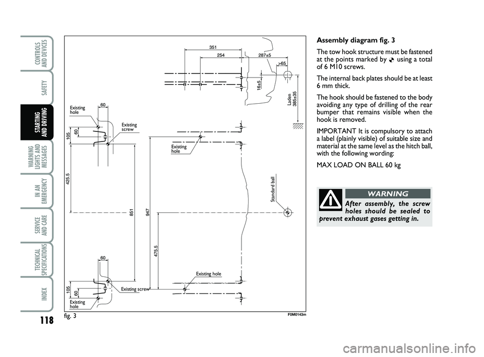 FIAT PUNTO 2020 Owner handbook (in English) 118
SAFETY
WARNING
LIGHTS AND MESSAGES
IN AN
EMERGENCY
SERVICE
AND CARE
TECHNICAL
SPECIFICATIONS
INDEX
CONTROLS
AND DEVICES
STARTING
AND DRIVING
Assembly diagram fig. 3
The tow hook structure must FIAT PUNTO 2020 Owner handbook (in English) 118
SAFETY
WARNING
LIGHTS AND MESSAGES
IN AN
EMERGENCY
SERVICE
AND CARE
TECHNICAL
SPECIFICATIONS
INDEX
CONTROLS
AND DEVICES
STARTING
AND DRIVING
Assembly diagram fig. 3
The tow hook structure must