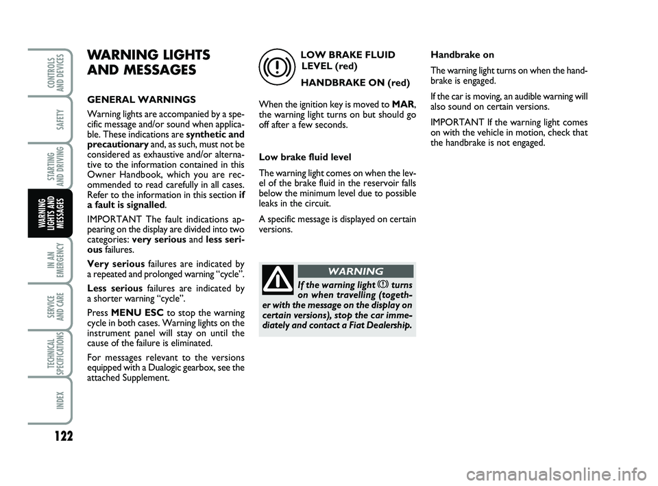FIAT PUNTO 2020 Owner handbook (in English) 122
SAFETY
STARTING
AND DRIVING
IN AN
EMERGENCY
SERVICE
AND CARE
TECHNICAL
SPECIFICATIONS
INDEX
CONTROLS
AND DEVICES
WARNING
LIGHTS AND MESSAGES
WARNING LIGHTS
AND MESSAGES
GENERAL WARNINGS
Warning FIAT PUNTO 2020 Owner handbook (in English) 122
SAFETY
STARTING
AND DRIVING
IN AN
EMERGENCY
SERVICE
AND CARE
TECHNICAL
SPECIFICATIONS
INDEX
CONTROLS
AND DEVICES
WARNING
LIGHTS AND MESSAGES
WARNING LIGHTS
AND MESSAGES
GENERAL WARNINGS
Warning