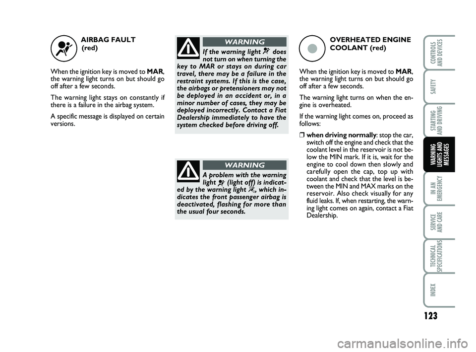 FIAT PUNTO 2020 Owner handbook (in English) 123
SAFETY
STARTING
AND DRIVING
IN AN
EMERGENCY
SERVICE
AND CARE
TECHNICAL
SPECIFICATIONS
INDEX
CONTROLS
AND DEVICES
WARNING
LIGHTS AND MESSAGES
AIRBAG FAULT
(red)
When the ignition key is moved t FIAT PUNTO 2020 Owner handbook (in English) 123
SAFETY
STARTING
AND DRIVING
IN AN
EMERGENCY
SERVICE
AND CARE
TECHNICAL
SPECIFICATIONS
INDEX
CONTROLS
AND DEVICES
WARNING
LIGHTS AND MESSAGES
AIRBAG FAULT
(red)
When the ignition key is moved t