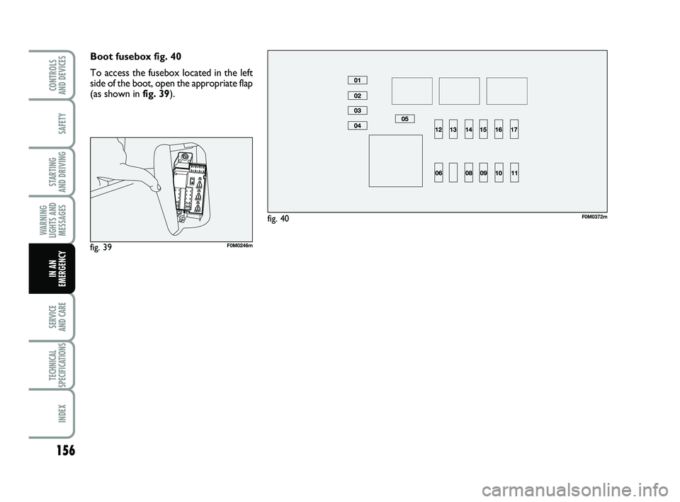 FIAT PUNTO 2018 Owner handbook (in English) 156
SAFETY
STARTING
AND DRIVING
WARNING
LIGHTS AND MESSAGES
SERVICE
AND CARE
TECHNICAL
SPECIFICATIONS
INDEX
CONTROLS
AND DEVICES
IN AN
EMERGENCY
Boot fusebox fig. 40
To access the fusebox located i FIAT PUNTO 2018 Owner handbook (in English) 156
SAFETY
STARTING
AND DRIVING
WARNING
LIGHTS AND MESSAGES
SERVICE
AND CARE
TECHNICAL
SPECIFICATIONS
INDEX
CONTROLS
AND DEVICES
IN AN
EMERGENCY
Boot fusebox fig. 40
To access the fusebox located i