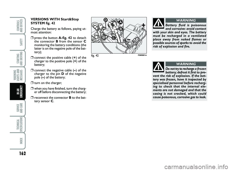 FIAT PUNTO 2020 Owner handbook (in English) 162
SAFETY
STARTING
AND DRIVING
WARNING
LIGHTS AND MESSAGES
SERVICE
AND CARE
TECHNICAL
SPECIFICATIONS
INDEX
CONTROLS
AND DEVICES
IN AN
EMERGENCY
Do not try to rechargea frozen
battery; defrost it f FIAT PUNTO 2020 Owner handbook (in English) 162
SAFETY
STARTING
AND DRIVING
WARNING
LIGHTS AND MESSAGES
SERVICE
AND CARE
TECHNICAL
SPECIFICATIONS
INDEX
CONTROLS
AND DEVICES
IN AN
EMERGENCY
Do not try to rechargea frozen
battery; defrost it f