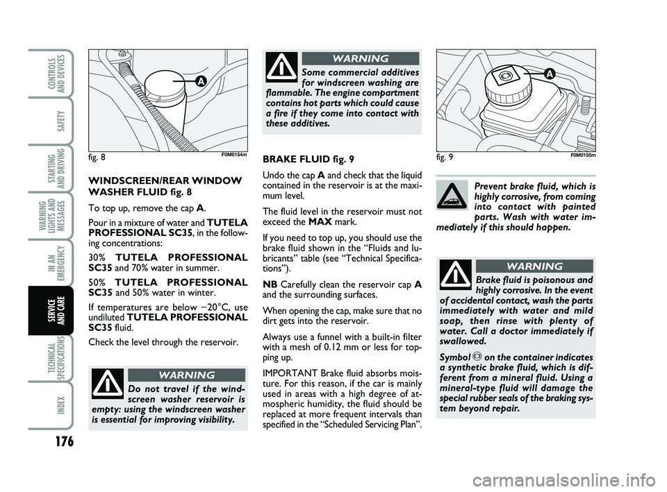 FIAT PUNTO 2021  Owner handbook (in English) 176
SAFETY
STARTING 
AND DRIVING
WARNING
LIGHTS AND MESSAGES
IN AN
EMERGENCY
TECHNICAL
SPECIFICATIONS
INDEX
CONTROLS 
AND DEVICES
SERVICE 
AND CARE
fig. 9
Do not travel if the wind-
screen washer rese