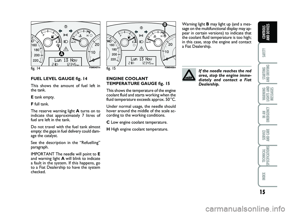 FIAT PUNTO 2016  Owner handbook (in English) 15
SAFETY
STARTING 
AND DRIVING
WARNING
LIGHTS AND MESSAGES
IN AN
EMERGENCY
SERVICE 
AND CARE
TECHNICAL
SPECIFICATIONS
INDEX
CONTROLS 
AND DEVICES
FUEL LEVEL GAUGE fig. 14
This shows the amount of fue