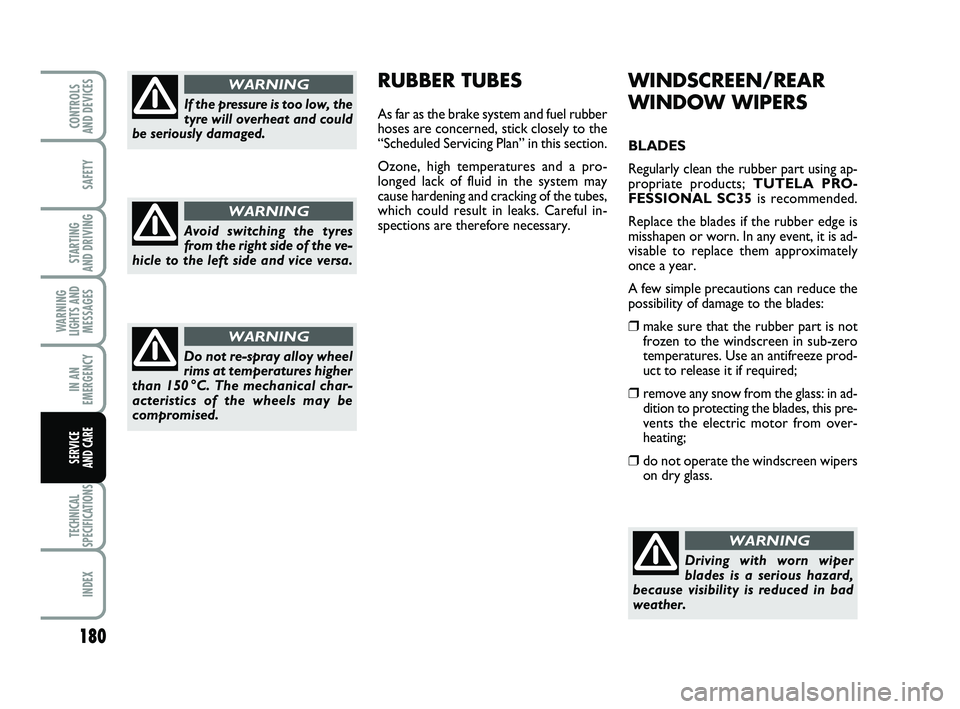 FIAT PUNTO 2020 Owner handbook (in English) 180
SAFETY
STARTING
AND DRIVING
WARNING
LIGHTS AND MESSAGES
IN AN
EMERGENCY
TECHNICAL
SPECIFICATIONS
INDEX
CONTROLS
AND DEVICES
SERVICE
AND CARE
WINDSCREEN/REAR
WINDOW WIPERS
BLADES
Regularly clean FIAT PUNTO 2020 Owner handbook (in English) 180
SAFETY
STARTING
AND DRIVING
WARNING
LIGHTS AND MESSAGES
IN AN
EMERGENCY
TECHNICAL
SPECIFICATIONS
INDEX
CONTROLS
AND DEVICES
SERVICE
AND CARE
WINDSCREEN/REAR
WINDOW WIPERS
BLADES
Regularly clean