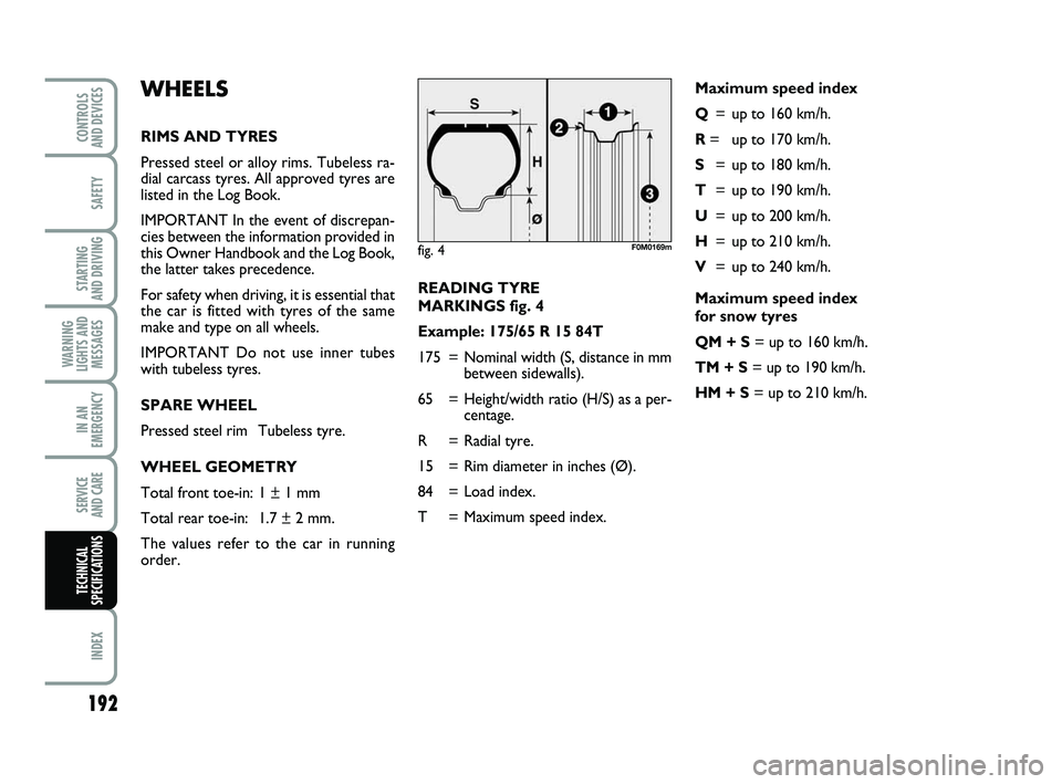 FIAT PUNTO 2021 Owner handbook (in English) 192
SAFETY
STARTING
AND DRIVING
WARNING
LIGHTS AND MESSAGES
IN AN
EMERGENCY
SERVICE
AND CARE
INDEX
CONTROLS
AND DEVICES
TECHNICAL
SPECIFICATIONS
Maximum speed index
Q = up to 160 km/h.
R = up to 17 FIAT PUNTO 2021 Owner handbook (in English) 192
SAFETY
STARTING
AND DRIVING
WARNING
LIGHTS AND MESSAGES
IN AN
EMERGENCY
SERVICE
AND CARE
INDEX
CONTROLS
AND DEVICES
TECHNICAL
SPECIFICATIONS
Maximum speed index
Q = up to 160 km/h.
R = up to 17