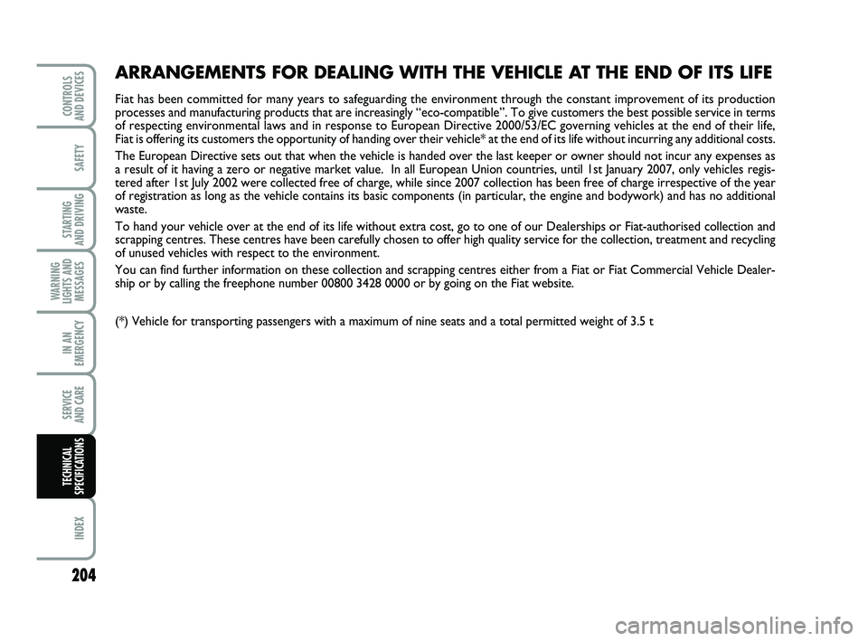 FIAT PUNTO 2016  Owner handbook (in English) 204
SAFETY
STARTING 
AND DRIVING
WARNING
LIGHTS AND MESSAGES
IN AN
EMERGENCY
SERVICE 
AND CARE
INDEX
CONTROLS 
AND DEVICES
TECHNICAL
SPECIFICATIONS
ARRANGEMENTS FOR DEALING WITH THE VEHICLE AT THE END