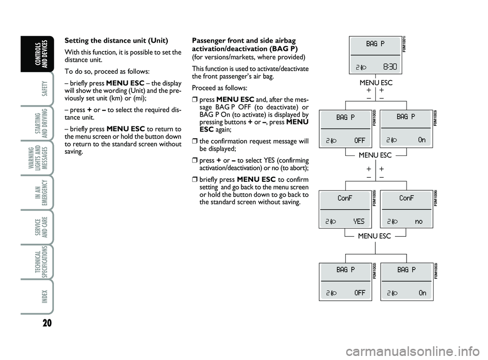FIAT PUNTO 2019 Owner handbook (in English) 20
SAFETY
STARTING
AND DRIVING
WARNING
LIGHTS AND MESSAGES
IN AN
EMERGENCY
SERVICE
AND CARE
TECHNICAL
SPECIFICATIONS
INDEX
CONTROLS
AND DEVICES
Passenger front and side airbag
activation/deactivat FIAT PUNTO 2019 Owner handbook (in English) 20
SAFETY
STARTING
AND DRIVING
WARNING
LIGHTS AND MESSAGES
IN AN
EMERGENCY
SERVICE
AND CARE
TECHNICAL
SPECIFICATIONS
INDEX
CONTROLS
AND DEVICES
Passenger front and side airbag
activation/deactivat