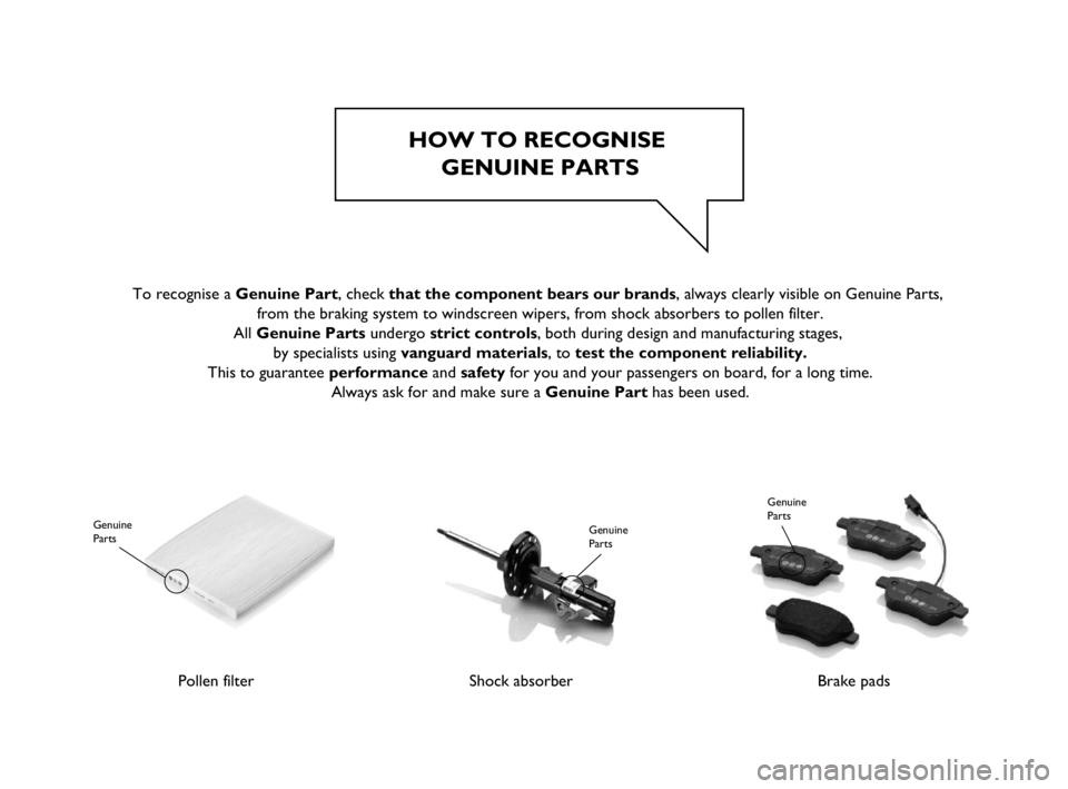 FIAT PUNTO 2018  Owner handbook (in English) HOW TO RECOGNISE GENUINE PARTS
Pollen filter
Genuine  
Parts
Shock absorber
Genuine 
Parts
Brake pads
Genuine 
Parts
To recognise a Genuine Part, check that the component bears our brands, always clea