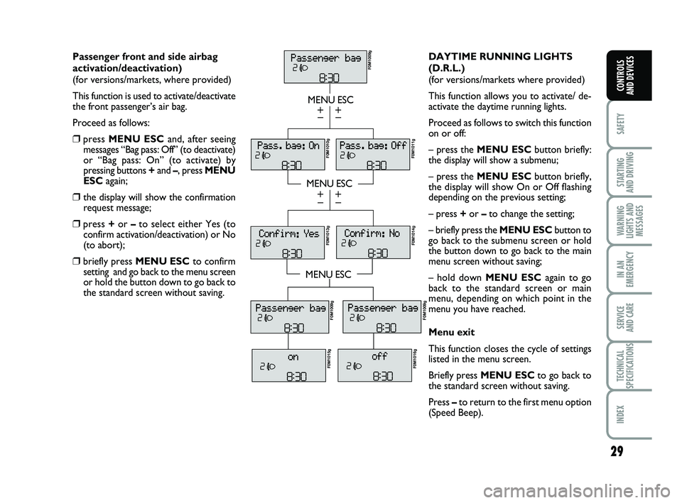 FIAT PUNTO 2019 Owner handbook (in English) 29
SAFETY
STARTING
AND DRIVING
WARNING
LIGHTS AND MESSAGES
IN AN
EMERGENCY
SERVICE
AND CARE
TECHNICAL
SPECIFICATIONS
INDEX
CONTROLS
AND DEVICES
Passenger front and side airbag
activation/deactivat FIAT PUNTO 2019 Owner handbook (in English) 29
SAFETY
STARTING
AND DRIVING
WARNING
LIGHTS AND MESSAGES
IN AN
EMERGENCY
SERVICE
AND CARE
TECHNICAL
SPECIFICATIONS
INDEX
CONTROLS
AND DEVICES
Passenger front and side airbag
activation/deactivat