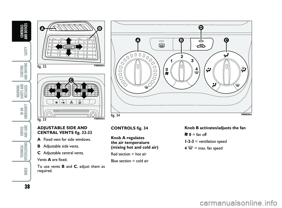 FIAT PUNTO 2020 Owner handbook (in English) 38
SAFETY
STARTING
AND DRIVING
WARNING
LIGHTS AND MESSAGES
IN AN
EMERGENCY
SERVICE
AND CARE
TECHNICAL
SPECIFICATIONS
INDEX
CONTROLS
AND DEVICES
CONTROLS fig. 34
Knob A regulates
the air temperatur FIAT PUNTO 2020 Owner handbook (in English) 38
SAFETY
STARTING
AND DRIVING
WARNING
LIGHTS AND MESSAGES
IN AN
EMERGENCY
SERVICE
AND CARE
TECHNICAL
SPECIFICATIONS
INDEX
CONTROLS
AND DEVICES
CONTROLS fig. 34
Knob A regulates
the air temperatur