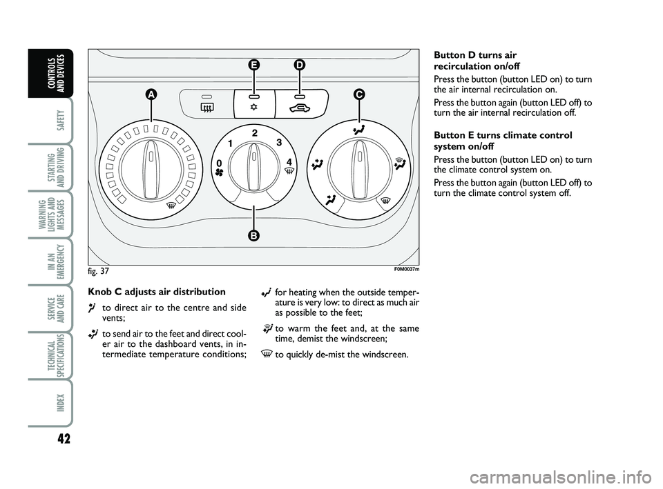 FIAT PUNTO 2021 Owner handbook (in English) 42
SAFETY
STARTING
AND DRIVING
WARNING
LIGHTS AND MESSAGES
IN AN
EMERGENCY
SERVICE
AND CARE
TECHNICAL
SPECIFICATIONS
INDEX
CONTROLS
AND DEVICES
Knob C adjusts air distribution
¶to direct air to t FIAT PUNTO 2021 Owner handbook (in English) 42
SAFETY
STARTING
AND DRIVING
WARNING
LIGHTS AND MESSAGES
IN AN
EMERGENCY
SERVICE
AND CARE
TECHNICAL
SPECIFICATIONS
INDEX
CONTROLS
AND DEVICES
Knob C adjusts air distribution
¶to direct air to t