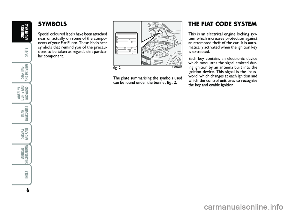 FIAT PUNTO 2019  Owner handbook (in English) 6
SAFETY
STARTING 
AND DRIVING
WARNING
LIGHTS AND MESSAGES
IN AN
EMERGENCY
SERVICE 
AND CARE
TECHNICAL
SPECIFICATIONS
INDEX
CONTROLS 
AND DEVICES
SYMBOLS
Special coloured labels have been attached
nea