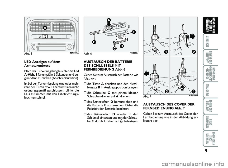 FIAT PUNTO 2011  Betriebsanleitung (in German) 9
SICHERHEIT
ANLASSEN
UND FAHREN
KONTROLL-
LEUCHTEN UND MELDUNGEN
IM NOTFALL
WA RT U N G
UND PFLEGE
TECHNISCHE DATEN
ALPHABETI-SCHES
VERZEICHNIS
ARMATUREN- BRETT UND
BEDIENGUNGEN
LED-Anzeigen auf dem
