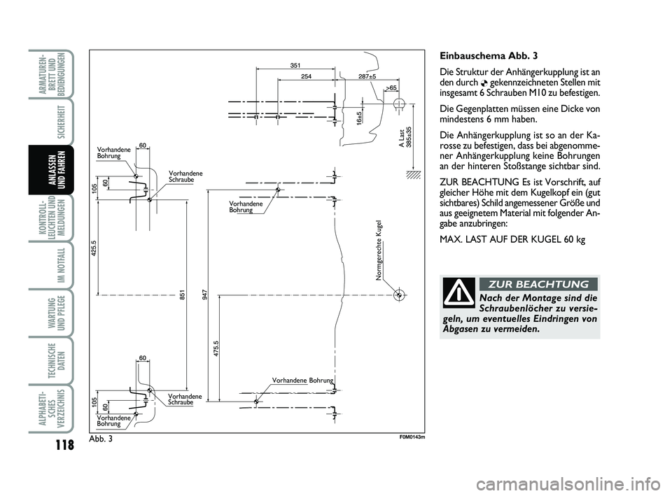 FIAT PUNTO 2012  Betriebsanleitung (in German) 118
KONTROLL-
LEUCHTEN UND MELDUNGEN
IM NOTFALL
WA RT U N G
UND PFLEGE
TECHNISCHE DATEN
ALPHABETI-SCHES
VERZEICHNIS
ARMATUREN- BRETT UND
BEDIENGUNGEN
SICHERHEIT
ANLASSEN
UND FAHREN
Einbauschema Abb. 3