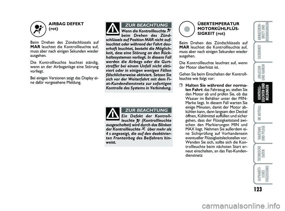 FIAT PUNTO 2012  Betriebsanleitung (in German) 123
IM NOTFALL
WA RT U N G
UND PFLEGE
TECHNISCHE DATEN
ALPHABETI-SCHES
VERZEICHNIS
ARMATUREN- BRETT UND
BEDIENGUNGEN
SICHERHEIT
ANLASSEN
UND FAHREN
KONTROLL-
LEUCHTEN UND MELDUNGEN
AIRBAG DEFEKT
(rot)