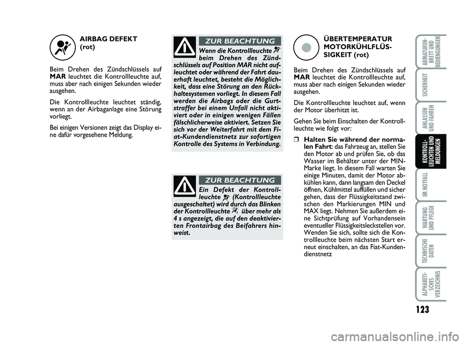 FIAT PUNTO 2011  Betriebsanleitung (in German) 123
IM NOTFALL
WA RT U N G
UND PFLEGE
TECHNISCHE DATEN
ALPHABETI-SCHES
VERZEICHNIS
ARMATUREN- BRETT UND
BEDIENGUNGEN
SICHERHEIT
ANLASSEN
UND FAHREN
KONTROLL-
LEUCHTEN UND MELDUNGEN
AIRBAG DEFEKT
(rot)