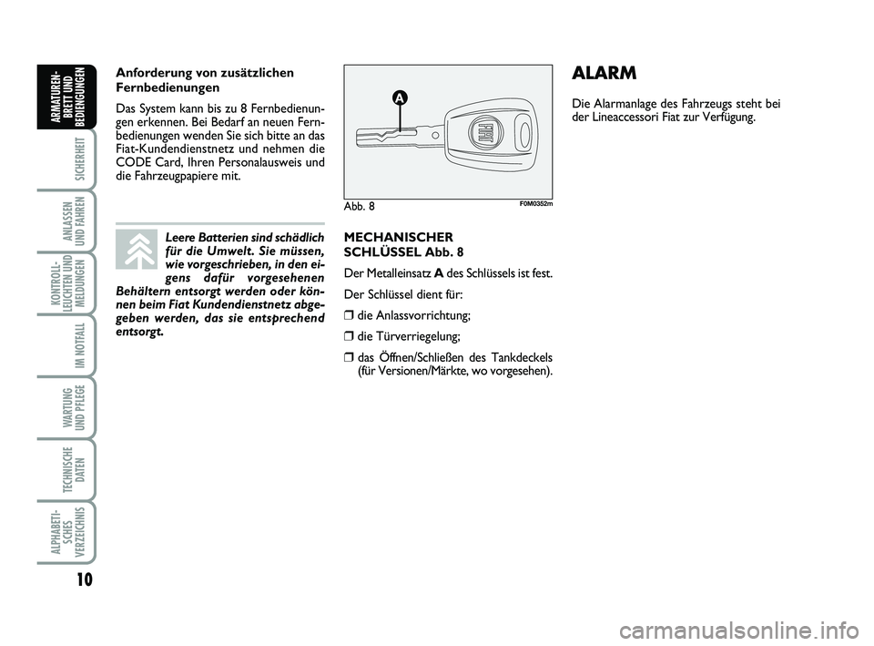 FIAT PUNTO 2012 Betriebsanleitung (in German) 10
SICHERHEIT
ANLASSEN
UND FAHREN
KONTROLL-
LEUCHTEN UND MELDUNGEN
IM NOTFALL
WA RT U N G
UND PFLEGE
TECHNISCHE DATEN
ALPHABETI-SCHES
VERZEICHNIS
ARMATUREN- BRETT UND
BEDIENGUNGEN
MECHANISCHER
SCHLÜS FIAT PUNTO 2012 Betriebsanleitung (in German) 10
SICHERHEIT
ANLASSEN
UND FAHREN
KONTROLL-
LEUCHTEN UND MELDUNGEN
IM NOTFALL
WA RT U N G
UND PFLEGE
TECHNISCHE DATEN
ALPHABETI-SCHES
VERZEICHNIS
ARMATUREN- BRETT UND
BEDIENGUNGEN
MECHANISCHER
SCHLÜS