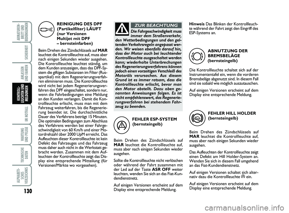 FIAT PUNTO 2012  Betriebsanleitung (in German) 130
IM NOTFALL
WA RT U N G
UND PFLEGE
TECHNISCHE DATEN
ALPHABETI-SCHES
VERZEICHNIS
ARMATUREN- BRETT UND
BEDIENGUNGEN
SICHERHEIT
ANLASSEN
UND FAHREN
KONTROLL-
LEUCHTEN UND MELDUNGEN
FEHLER ESP-SYSTEM
(