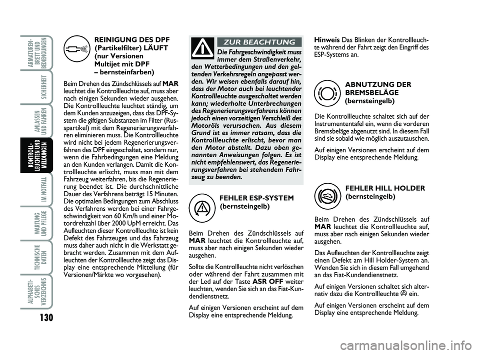 FIAT PUNTO 2011  Betriebsanleitung (in German) 130
IM NOTFALL
WA RT U N G
UND PFLEGE
TECHNISCHE DATEN
ALPHABETI-SCHES
VERZEICHNIS
ARMATUREN- BRETT UND
BEDIENGUNGEN
SICHERHEIT
ANLASSEN
UND FAHREN
KONTROLL-
LEUCHTEN UND MELDUNGEN
FEHLER ESP-SYSTEM
(