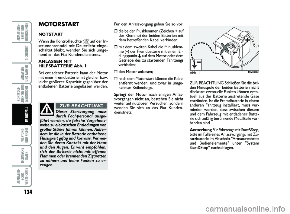 FIAT PUNTO 2012  Betriebsanleitung (in German) 134
WA RT U N G
UND PFLEGE
TECHNISCHE DATEN
ALPHABETI-SCHES
VERZEICHNIS
ARMATUREN- BRETT UND
BEDIENGUNGEN
SICHERHEIT
ANLASSEN
UND FAHREN
KONTROLL-
LEUCHTEN UND MELDUNGEN
IM NOTFALL
MOTORSTART
NOTSTART