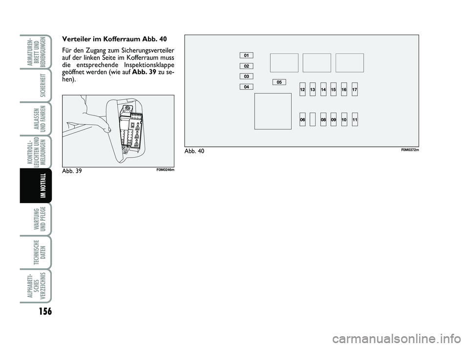 FIAT PUNTO 2012 Betriebsanleitung (in German) 156
WA RT U N G
UND PFLEGE
TECHNISCHE DATEN
ALPHABETI-SCHES
VERZEICHNIS
ARMATUREN- BRETT UND
BEDIENGUNGEN
SICHERHEIT
ANLASSEN
UND FAHREN
KONTROLL-
LEUCHTEN UND MELDUNGEN
IM NOTFALL
Verteiler im Koffer FIAT PUNTO 2012 Betriebsanleitung (in German) 156
WA RT U N G
UND PFLEGE
TECHNISCHE DATEN
ALPHABETI-SCHES
VERZEICHNIS
ARMATUREN- BRETT UND
BEDIENGUNGEN
SICHERHEIT
ANLASSEN
UND FAHREN
KONTROLL-
LEUCHTEN UND MELDUNGEN
IM NOTFALL
Verteiler im Koffer