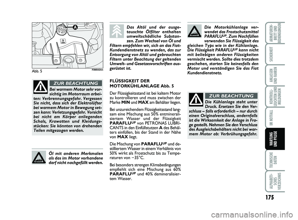 FIAT PUNTO 2012 Betriebsanleitung (in German) 175
TECHNISCHEDATEN
ALPHABETI-SCHES
VERZEICHNIS
ARMATUREN- BRETT UND
BEDIENGUNGEN
SICHERHEIT
ANLASSEN
UND FAHREN
KONTROLL-
LEUCHTEN UND MELDUNGEN
IM NOTFALL
WA RT U N G
UND PFLEGE
Abb. 5
Die Motorküh FIAT PUNTO 2012 Betriebsanleitung (in German) 175
TECHNISCHEDATEN
ALPHABETI-SCHES
VERZEICHNIS
ARMATUREN- BRETT UND
BEDIENGUNGEN
SICHERHEIT
ANLASSEN
UND FAHREN
KONTROLL-
LEUCHTEN UND MELDUNGEN
IM NOTFALL
WA RT U N G
UND PFLEGE
Abb. 5
Die Motorküh