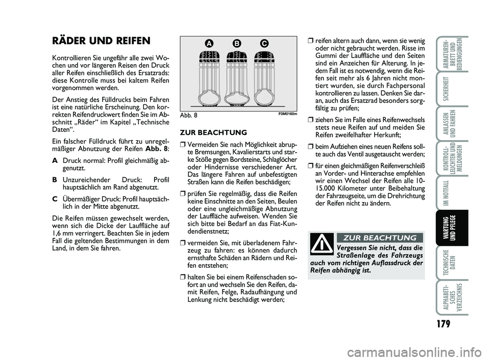 FIAT PUNTO 2012 Betriebsanleitung (in German) 179
TECHNISCHEDATEN
ALPHABETI-SCHES
VERZEICHNIS
ARMATUREN- BRETT UND
BEDIENGUNGEN
SICHERHEIT
ANLASSEN
UND FAHREN
KONTROLL-
LEUCHTEN UND MELDUNGEN
IM NOTFALL
WA RT U N G
UND PFLEGE
RÄDER UND REIFEN
Ko FIAT PUNTO 2012 Betriebsanleitung (in German) 179
TECHNISCHEDATEN
ALPHABETI-SCHES
VERZEICHNIS
ARMATUREN- BRETT UND
BEDIENGUNGEN
SICHERHEIT
ANLASSEN
UND FAHREN
KONTROLL-
LEUCHTEN UND MELDUNGEN
IM NOTFALL
WA RT U N G
UND PFLEGE
RÄDER UND REIFEN
Ko