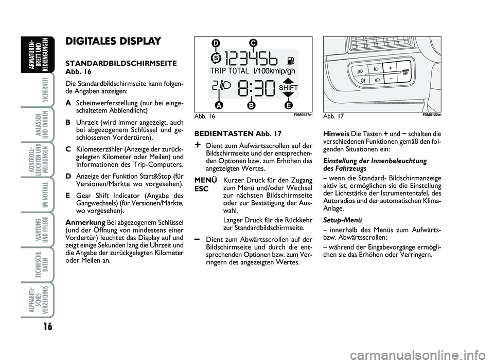 FIAT PUNTO 2011  Betriebsanleitung (in German) 16
SICHERHEIT
ANLASSEN
UND FAHREN
KONTROLL-
LEUCHTEN UND MELDUNGEN
IM NOTFALL
WA RT U N G
UND PFLEGE
TECHNISCHE DATEN
ALPHABETI-SCHES
VERZEICHNIS
ARMATUREN- BRETT UND
BEDIENGUNGEN
DIGITALES DISPLAY 
S