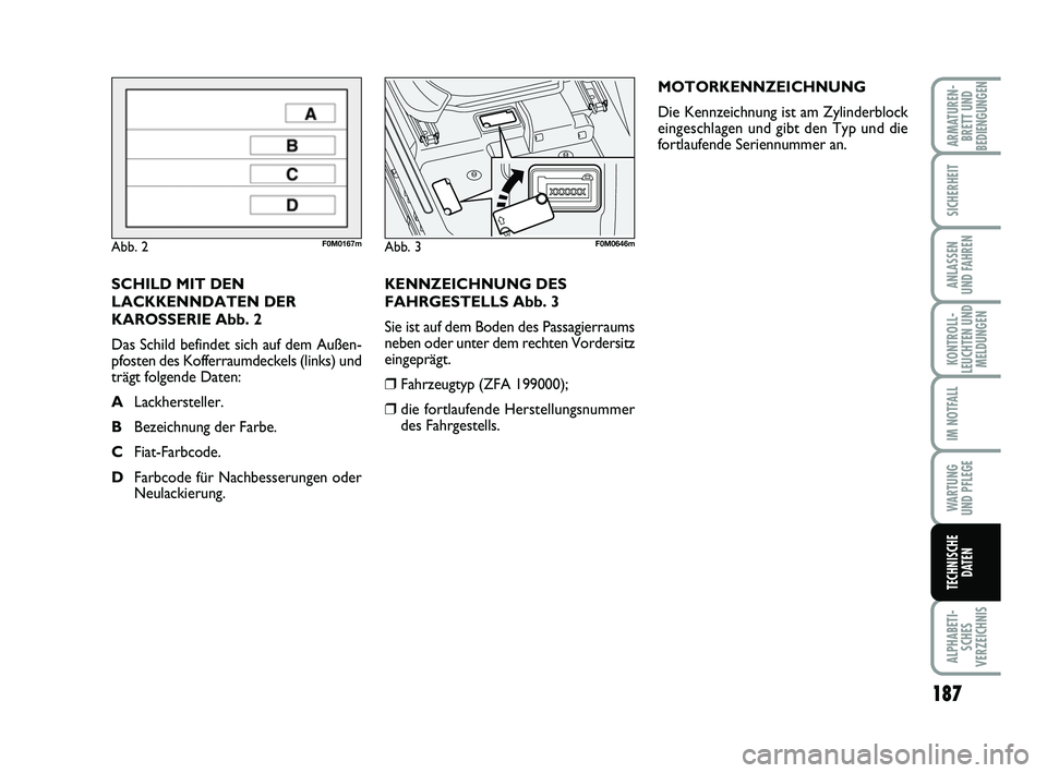 FIAT PUNTO 2012 Betriebsanleitung (in German) 187
ALPHABETI-SCHES
VERZEICHNIS
ARMATUREN- BRETT UND
BEDIENGUNGEN
SICHERHEIT
ANLASSEN
UND FAHREN
KONTROLL-
LEUCHTEN UND MELDUNGEN
IM NOTFALL
WA RT U N G
UND PFLEGE
TECHNISCHE DATEN
KENNZEICHNUNG DES
F FIAT PUNTO 2012 Betriebsanleitung (in German) 187
ALPHABETI-SCHES
VERZEICHNIS
ARMATUREN- BRETT UND
BEDIENGUNGEN
SICHERHEIT
ANLASSEN
UND FAHREN
KONTROLL-
LEUCHTEN UND MELDUNGEN
IM NOTFALL
WA RT U N G
UND PFLEGE
TECHNISCHE DATEN
KENNZEICHNUNG DES
F