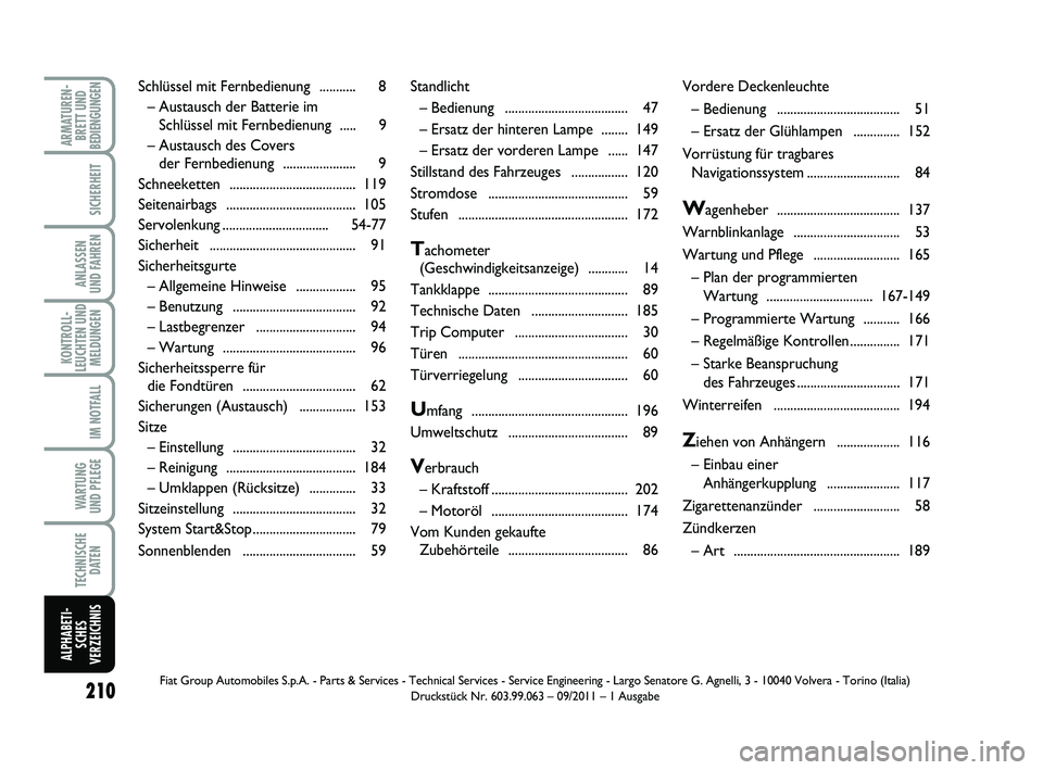 FIAT PUNTO 2011  Betriebsanleitung (in German) 210
ARMATUREN-BRETT UND
BEDIENGUNGEN
SICHERHEIT
ANLASSEN
UND FAHREN
KONTROLL-
LEUCHTEN UND MELDUNGEN
IM NOTFALL
WA RT U N G
UND PFLEGE
TECHNISCHE DATEN
ALPHABETI-SCHES
VERZEICHNIS
Standlicht
– Bedie