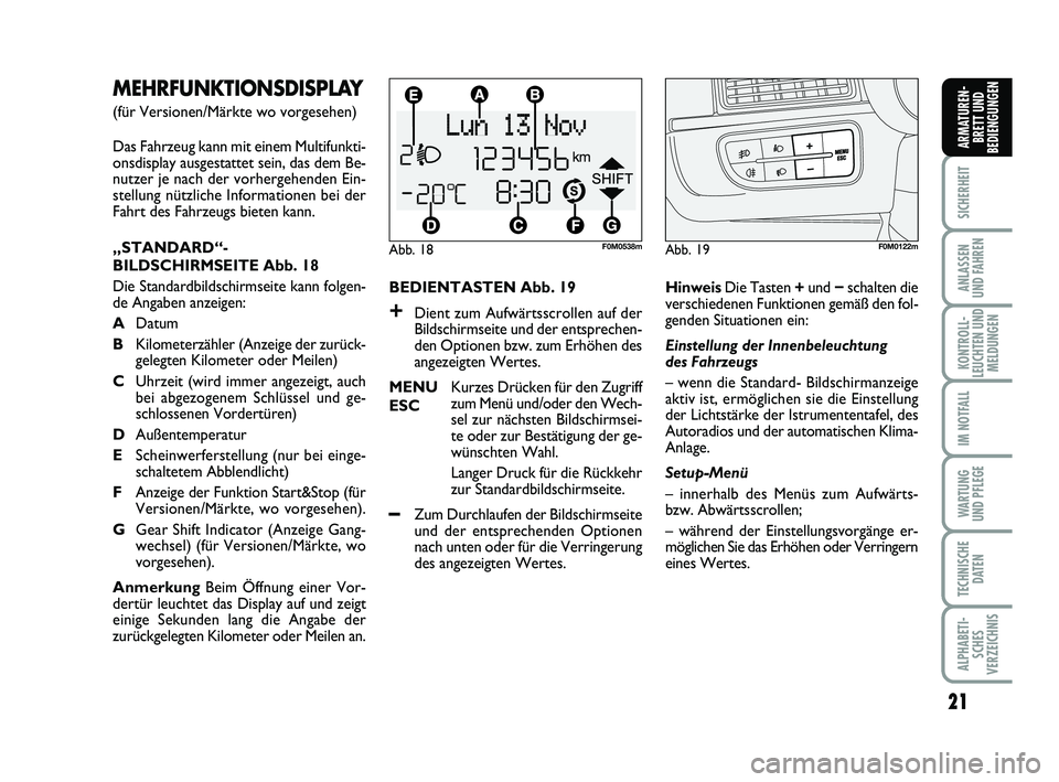 FIAT PUNTO 2011  Betriebsanleitung (in German) 21
SICHERHEIT
ANLASSEN
UND FAHREN
KONTROLL-
LEUCHTEN UND MELDUNGEN
IM NOTFALL
WA RT U N G
UND PFLEGE
TECHNISCHE DATEN
ALPHABETI-SCHES
VERZEICHNIS
ARMATUREN- BRETT UND
BEDIENGUNGEN
BEDIENTASTEN Abb. 19