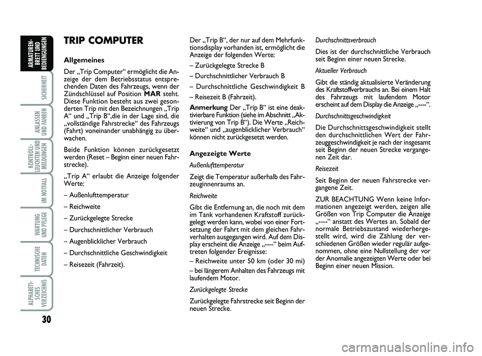 FIAT PUNTO 2011  Betriebsanleitung (in German) 30
SICHERHEIT
ANLASSEN
UND FAHREN
KONTROLL-
LEUCHTEN UND MELDUNGEN
IM NOTFALL
WA RT U N G
UND PFLEGE
TECHNISCHE DATEN
ALPHABETI-SCHES
VERZEICHNIS
ARMATUREN- BRETT UND
BEDIENGUNGEN
TRIP COMPUTER
Allgem